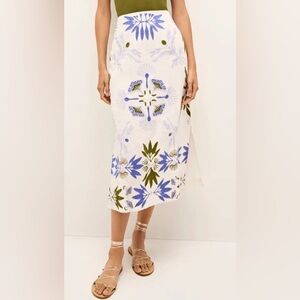 Marie Oliver Floral Embroidered Midi Skirt in Blue & Olive BNWT size 10